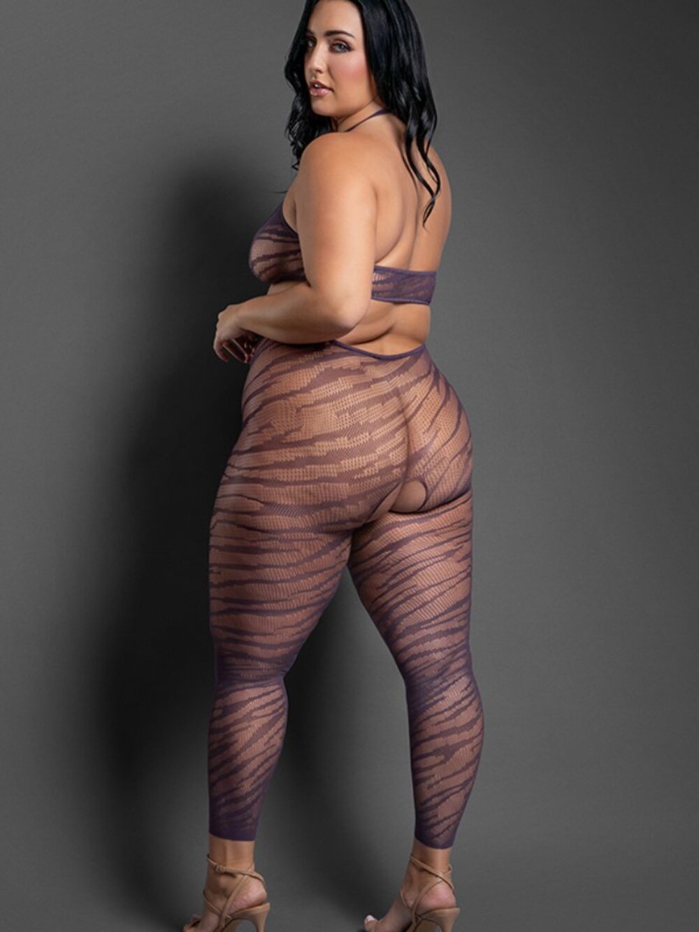 Fantasy Lingerie Ombre Black Purple Bodystocking Set OS Mesh One Piece - Picture 7 of 7